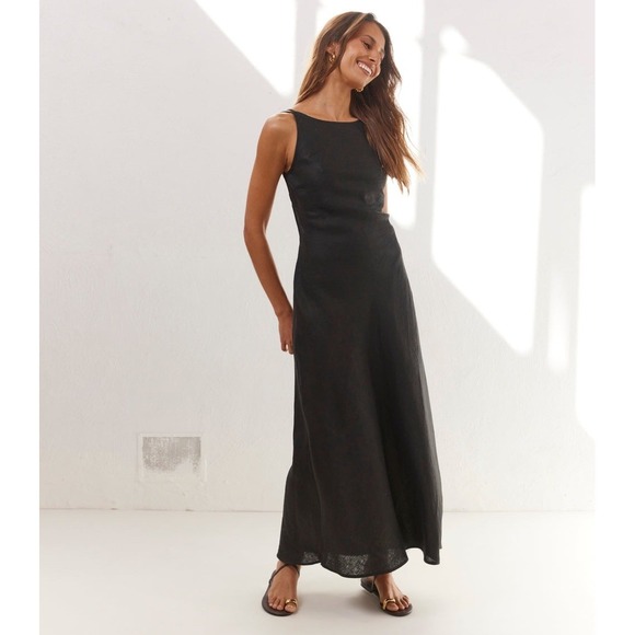 NWT VRG GRL Opal Linen Maxi Dress Womens 10 Black Open Back Strappy Asymmetrical - Picture 2 of 8
